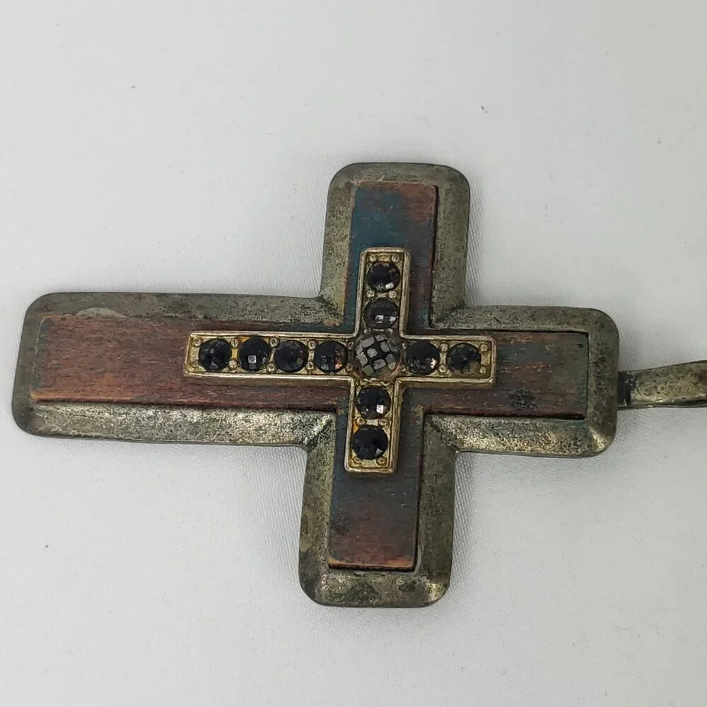 Metal & Wooden Rhinestone Large Cross Pendant - Picture 6 of 8